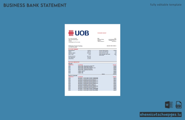 UOB United Overseas Bank Firmenkontoauszug – Beispielansicht (Word und PDF)